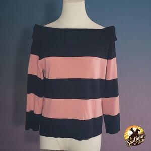 Harold's Off-Shoulder Sweater - Pink and Black Stripes